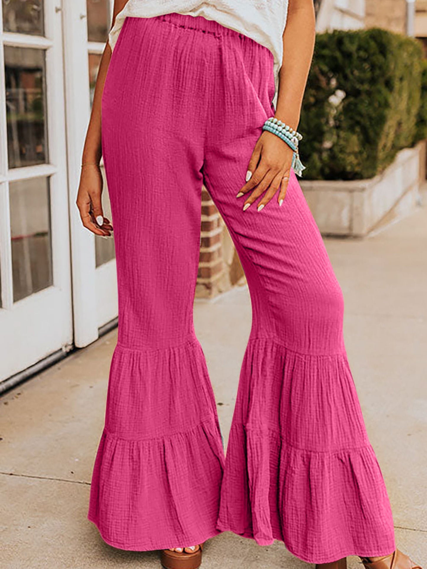 Pink ruffled bell bottom